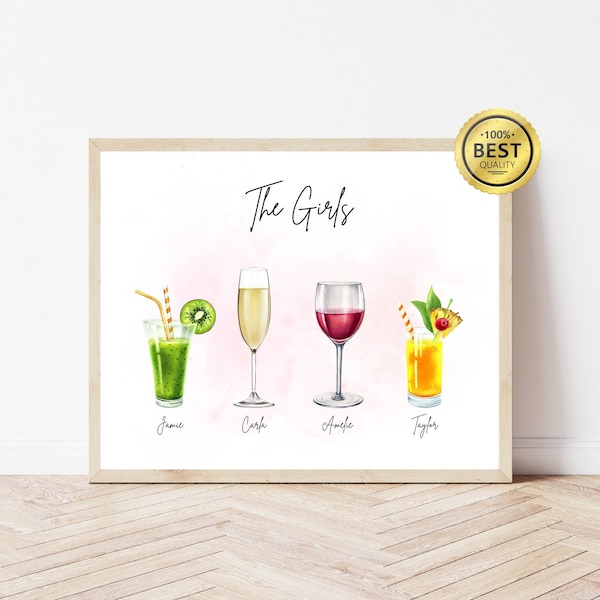 Girls Cocktail Print Personalized, Custom Roommates Drink Sign, Roomies Dorm Decor Alcohol Cocktail Poster Sisters Apartment Present DIGITAL