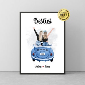 Best Friends with a car, Custom Friend prints, Friends portrait illustration, Personalised Wall art, Personalised Gift For Friend, Digital