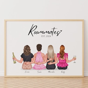 Roommates Gift, Custom Best Friends Print, Personalised Wall Decor Gift, Dorm Decor Roomies Gift, Custom Illustrated Roommate Portrait