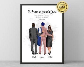 Portrait de famille personnalisé de remise des diplômes universitaires, cadeau de remerciement pour les parents, cadeau de remise des diplômes pour fille, fils, souvenir d'amour, souvenir