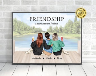 Best Friends Personalized print, Custom 3 friend prints, Three Best friends gift picture, Sisters illustration, BFF custom gift - DIGITAL