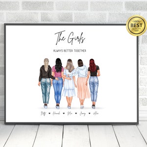 Friend Group Print,5 Friends Picture, Best Friends Birthday Gifts,Personalizied Best Friend Portrait,Friendship 5 girls Print,Gift For Her