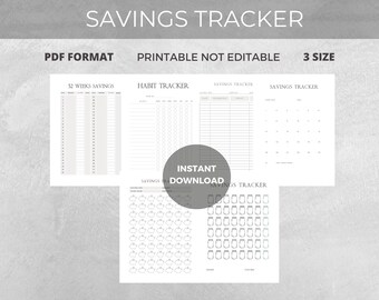May include: Printable savings tracker in PDF format. Includes four different designs: 52 weeks savings, habit tracker, savings tracker, and a savings tracker with jar illustrations.  The text "INSTANT DOWNLOAD" is in a circle on the image.