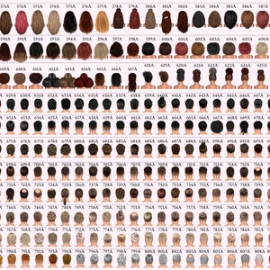 May include: A chart of 100 different hairstyles, each with a unique style and color. The hairstyles are arranged in rows and columns, and each hairstyle is labeled with a letter and number.