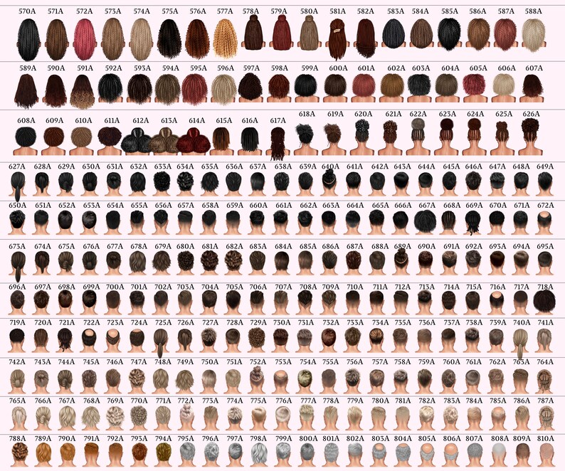 May include: A chart of 100 different hairstyles, each with a unique style and color. The hairstyles are arranged in rows and columns, and each hairstyle is labeled with a letter and number.
