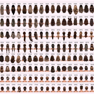 May include: A collection of 100 different hairstyles for women, illustrated in a digital painting style. Each hairstyle is numbered and labeled with a letter, for example, 134A, 153A, 172A, etc.