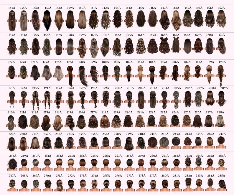 May include: A collection of 100 different hairstyles for women, illustrated in a digital painting style. Each hairstyle is numbered and labeled with a letter, for example, 134A, 153A, 172A, etc.