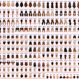 May include: A chart of 120 different hairstyles for women, with each hairstyle illustrated in a cartoon style. The hairstyles are arranged in rows and columns, and each hairstyle is labeled with a letter and number.