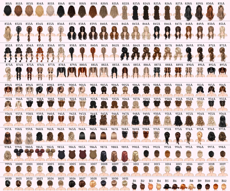 May include: A chart of 120 different hairstyles for women, with each hairstyle illustrated in a cartoon style. The hairstyles are arranged in rows and columns, and each hairstyle is labeled with a letter and number.