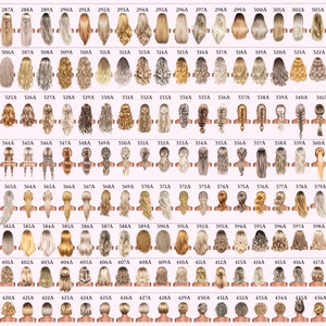 May include: A chart of 100 different hairstyles for women, with each hairstyle labeled with a letter and number. The hairstyles are all blonde and are shown from the back.