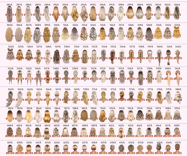 May include: A chart of 100 different hairstyles for women, with each hairstyle labeled with a letter and number. The hairstyles are all blonde and are shown from the back.