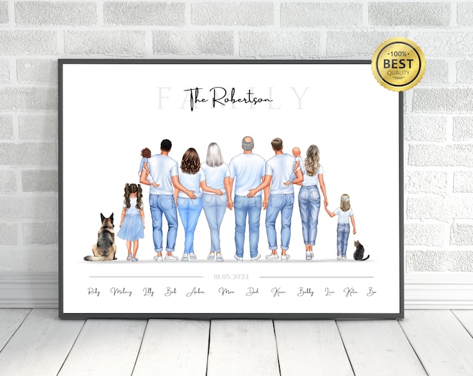 Portrait de famille personnalisé avec animaux de compagnie, cadeau pour une nouvelle maison, impression souvenir, illustration d'art mural de famille, cadeau grands-parents, pendaison de crémaillère, souvenir