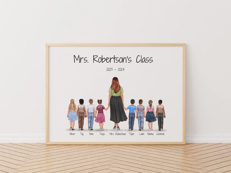 Personalised teacher class gift, Teacher and students portrait, Class 2022 portrait, Teacher portrait, Teacher Print,Students portrait print image 1