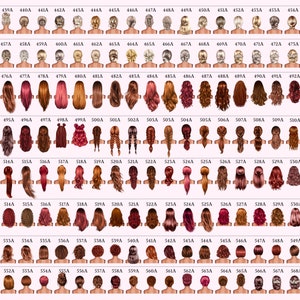 May include: A collection of 100 different hairstyles for women, shown from the back. Each hairstyle is numbered and labeled with a letter. The hairstyles range from simple to elaborate, and include braids, buns, ponytails, and more.
