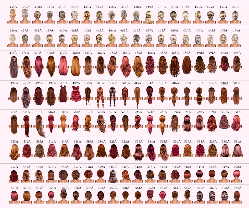 May include: A collection of 100 different hairstyles for women, shown from the back. Each hairstyle is numbered and labeled with a letter. The hairstyles range from simple to elaborate, and include braids, buns, ponytails, and more.