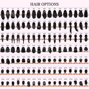 May include: A chart of 135 different hairstyles for women, with each hairstyle labeled with a letter and number. The hairstyles are all black and are shown from the back.