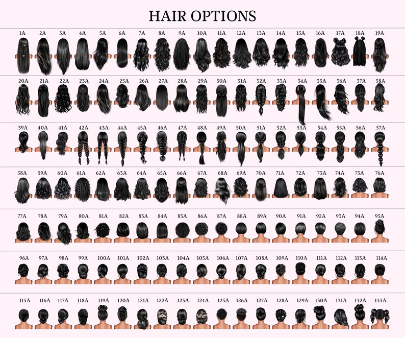 May include: A chart of 135 different hairstyles for women, with each hairstyle labeled with a letter and number. The hairstyles are all black and are shown from the back.