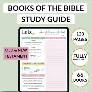 Peut inclure: Un guide d'étude numérique pour le Livre de Luc, avec le texte "Books of the Bible Study Guide". Le guide comprend des versets à méditer, des notes et des réflexions, avec 120 pages et 66 livres. Le texte "Clearly Explained & Beautifully Told" est également visible.