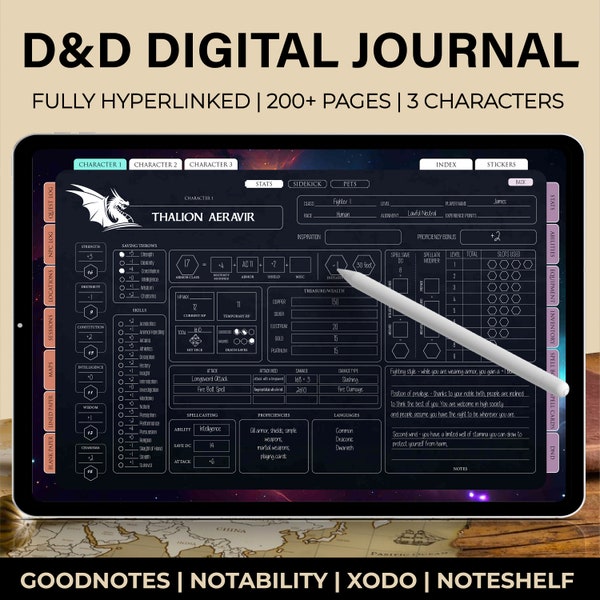 Diario digitale DND / Diario DND per tablet / Diario DND Goodnotes / Tracker di campagne e sessioni / Foglio caratteri / Taccuino digitale DnD