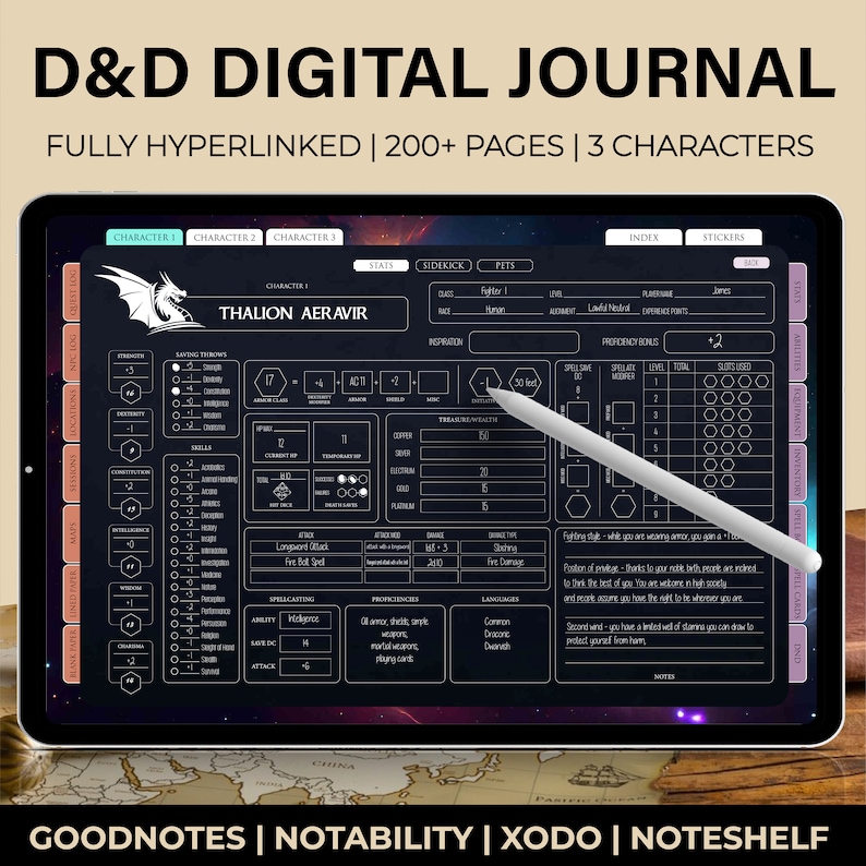May include: A digital journal for Dungeons & Dragons (D&D) games, featuring a character sheet with a dragon illustration, stats, skills, and inventory sections. The journal is designed for use with Goodnotes, Notability, Xodo, and Noteshelf apps.
