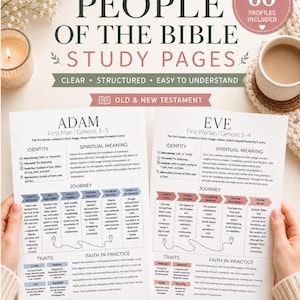 Puede incluir: Dos páginas de estudio blancas tituladas People of the Bible Study Pages, que presentan perfiles de Adán y Eva. El texto incluye secciones sobre identidad, significado espiritual, viaje, rasgos y fe en la práctica.