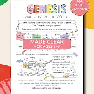 May include: A colorful educational poster titled "Genesis: God Creates the World" for ages 3-6. The poster includes illustrations of the creation story, including the ark, and text explaining key events. The poster has a pink banner that says "Made Clear".