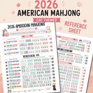 May include: A 2026 American Mahjong reference sheet with a cat theme. The document features tables of hand patterns, tile combinations, and point values. It includes illustrations of cats, paw prints, and hearts on a light pink background.
