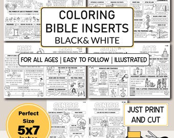 May include: A collection of black and white Bible inserts for coloring, featuring illustrations from Exodus, Leviticus, Numbers, Mark, Luke, John, Acts, and Genesis. The inserts are designed to be 5x7 inches and are easy to follow and illustrated.
