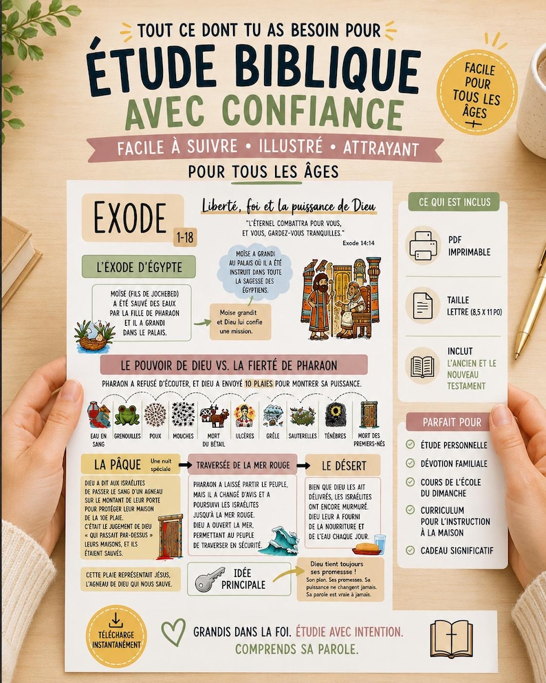 Pu&ograve; includere: Una guida allo studio biblico stampabile sull'Esodo 1-18, con illustrazioni della storia di Mos&egrave;, le dieci piaghe e l'apertura del Mar Rosso. Il documento include sezioni sul potere di Dio, la Pasqua e il deserto, nel formato 21,6 x 27,9 cm.