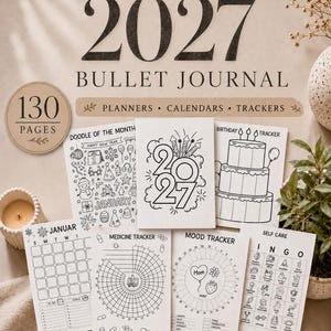 Peut inclure: Un bullet journal 2027 de 130 pages avec des planificateurs, calendriers et trackers. L'ensemble comprend des feuilles imprimées en noir et blanc avec un calendrier de janvier, un suivi de médicaments, un suivi d'humeur, un bingo et un anniversaire.