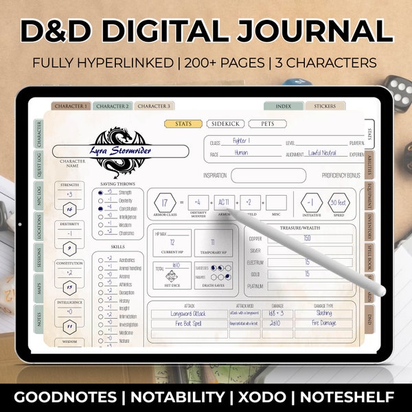 Journal du MDN | Journal numérique du MDN pour tablette | Journal du MDN Goodnotes | Suivi des campagnes et des sessions | Fiche de personnage | Bloc-notes numérique du MDN