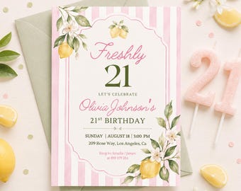Freshly 21st Birthday Party Invitation Pink & Lemon Themed Editable Canva Template