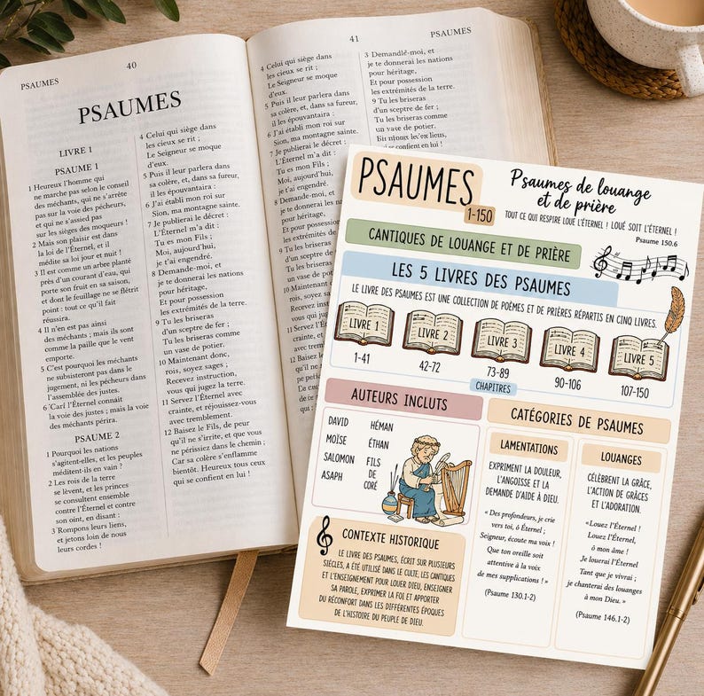 Pu&ograve; includere: Una scheda didattica stampata intitolata Psaumes 1-150 con testo in francese, illustrazioni di cinque libri aperti, una persona che suona l'arpa e note musicali, posizionata sopra una Bibbia aperta che mostra il Libro dei Salmi in francese.