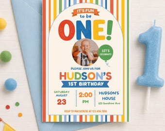 It's Fun to Be One Invitation, One Year Birthday Party Invite Colorful Happy