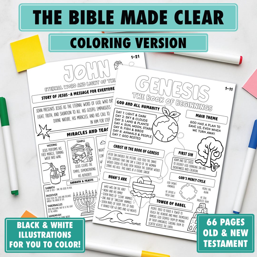 Coloring Bible Study Guide Printable Template, Black & White Illustrated Old and New Testa