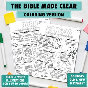Puede incluir: Páginas de libros para colorear en blanco y negro con historias bíblicas, incluyendo Juan y Génesis. Las páginas presentan ilustraciones y texto, con marcadores y una nota adhesiva amarilla en el fondo. El texto dice "The Bible Made Clear Coloring Version."
