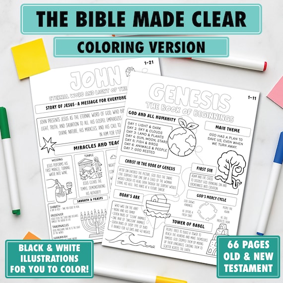 Coloring Bible Study Guide Printable Template, Black & White Illustrated Old and New Testament, Bible Coloring Pages for Children and Adults