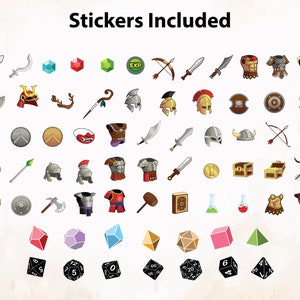 May include: A set of colorful stickers featuring various fantasy and medieval themed illustrations, including weapons, armor, shields, helmets, dice, and gems. The text "Stickers Included" is at the top of the image.