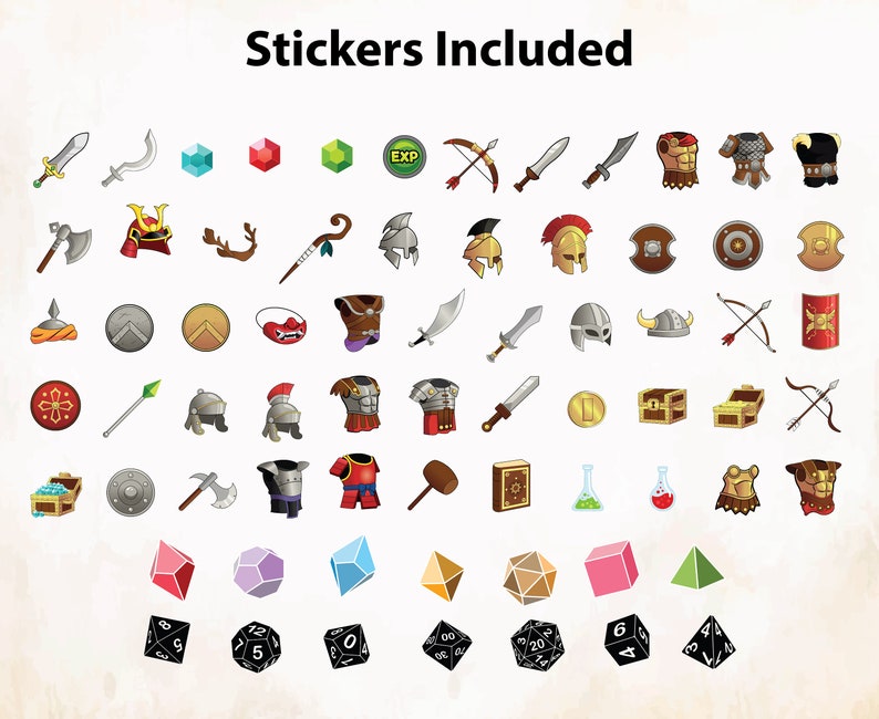 May include: A set of colorful stickers featuring various fantasy and medieval themed illustrations, including weapons, armor, shields, helmets, dice, and gems. The text "Stickers Included" is at the top of the image.