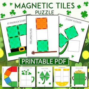 Może przedstawiać: Zestaw drukowanych puzzli z kafelkami magnetycznymi w formacie PDF. Układanki zawierają obrazy tęczy, kapelusza św. Patryka, flagi Irlandii, koniczyny trójlistnej, kubka św. Patryka, koniczyny czterolistnej, podkowy i garnka złota.