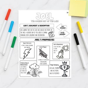 May include: A black and white illustrated page titled "JOEL" with text and drawings about the coming day of the Lord. Colored markers in red, blue, and green are on the left side of the page.