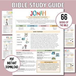 Puede incluir: Una guía de estudio bíblico titulada "Jonás" con el texto "El llamado y la compasión de Dios." La guía incluye secciones sobre tema, escenario y elementos clave, con ilustraciones y el texto "PDF Descarga instantánea."