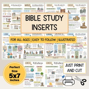 May include: Bible study inserts with colorful illustrations. The inserts are labeled with book names like Exodus and Genesis. Text includes "For All Ages | Easy to Follow | Illustrated". The size is 5x7 inches.