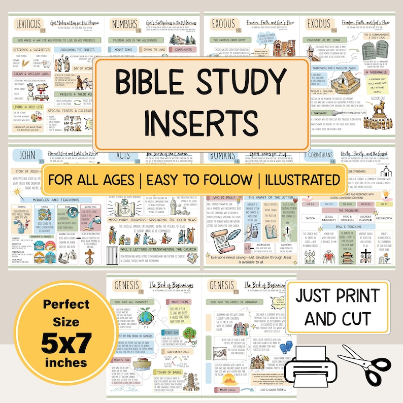 May include: Bible study inserts with colorful illustrations. The inserts are labeled with book names like Exodus and Genesis. Text includes "For All Ages | Easy to Follow | Illustrated". The size is 5x7 inches.