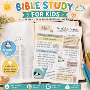 May include: A Bible study worksheet for kids titled Jonah, featuring illustrated sections on God's command, the storm, the fish, and disobedience. The page includes text summaries, a whale graphic, and a printable PDF label on an open Bible.