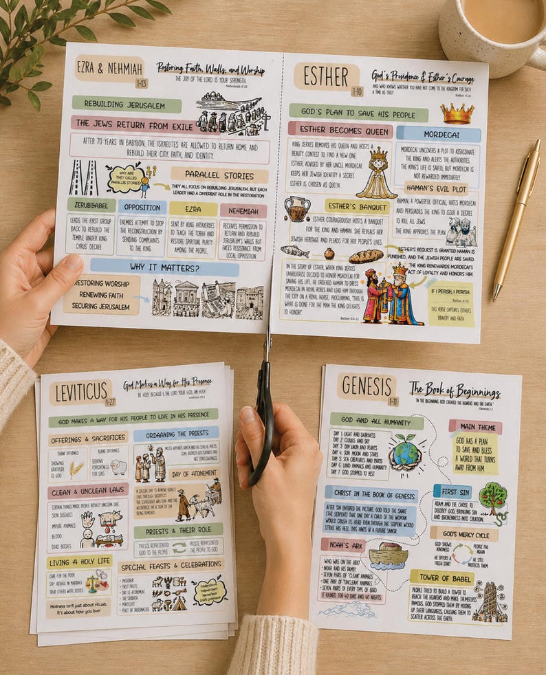 May include: A person is cutting out Bible study pages with scissors. The pages feature colorful illustrations and text about Ezra & Nehemiah, Esther, Leviticus, and Genesis. A cup of coffee and a pen are on the table.