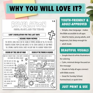 May include: Black and white coloring page featuring text and illustrations about the Book of Revelation. Includes text such as "Jesus, Glory, and the Throne" and "Visions from Patmos". The page is designed for youth and adults.