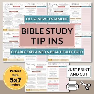 Op de afbeelding: Bijbelstudie-tips met de tekst "Oude & Nieuwe Testament" en "Bible Study Tip Ins". De pagina's zijn 12,7 x 17,8 cm groot en bevatten samenvattingen, belangrijke gebeurtenissen en notities. De tekst "Clearly Explained & Beautifully Told" is ook zichtbaar.