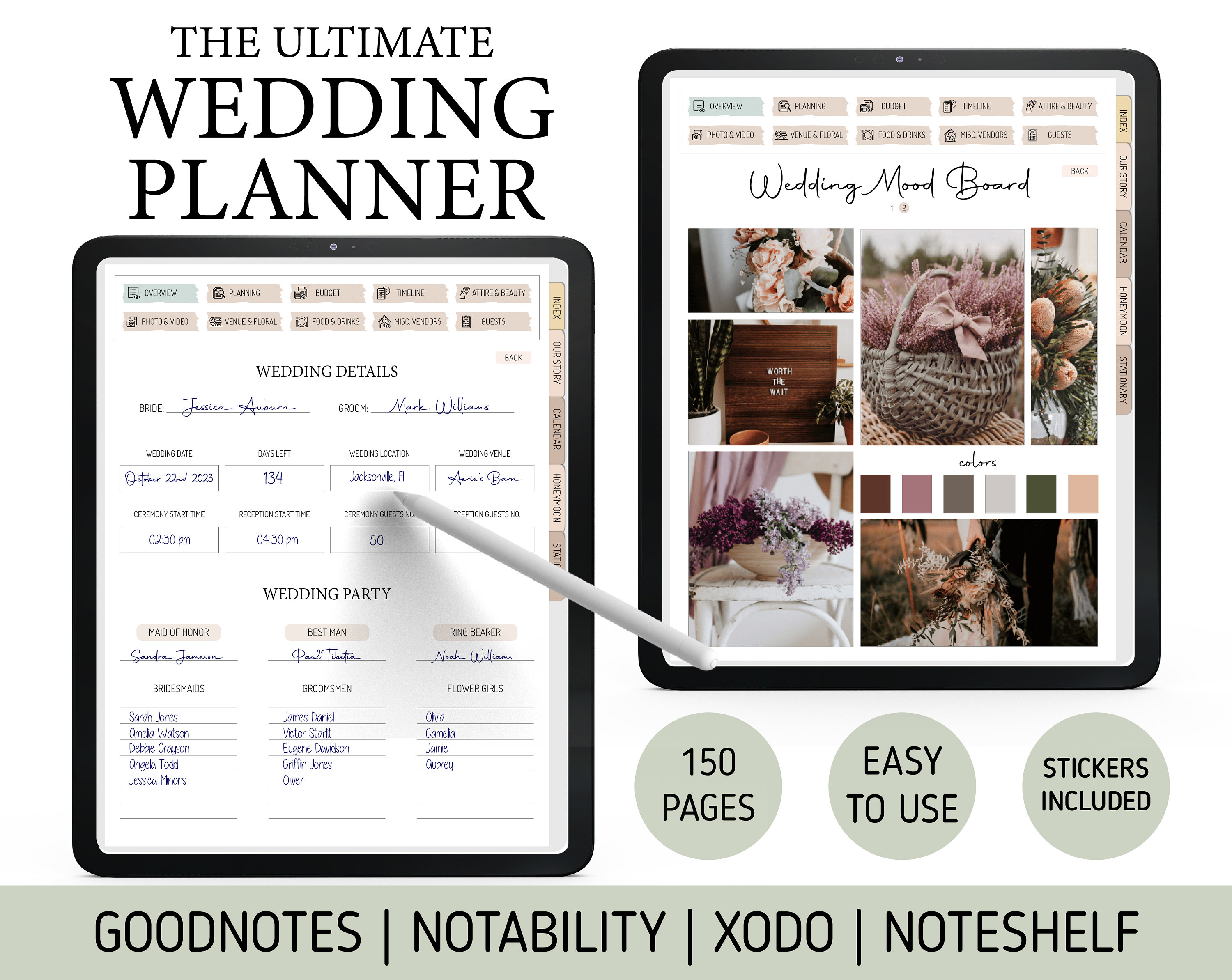 Digital Wedding Planner: Goodnotes Organizer with Stickers (150 Pages)