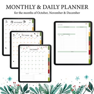 May include: A digital planner with three monthly calendar pages for October, November, and December. Each month has a festive theme with illustrations of pumpkins, ghosts, and ornaments. The planner also includes a daily page with sections for to-do lists, top priorities, and a schedule.